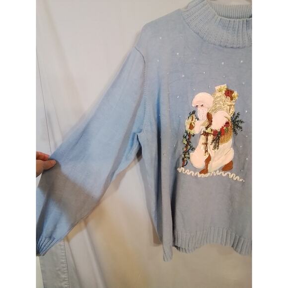 Quacker Factory; blue winter pullover sweater with Christmas theme. - Picture 5 of 7